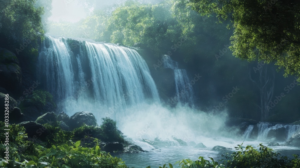 Misty waterfall flowing through lush greenery. Misty waterfall flowing through lush greenery.
