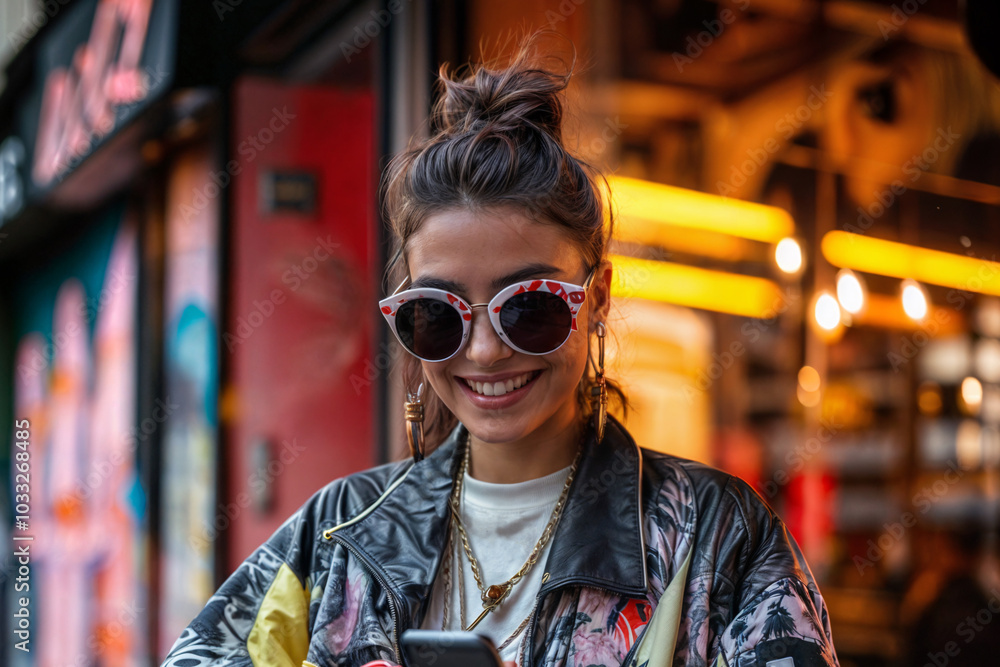 young urban woman with sunglasses and modern clothes, in the city, using her smart phone young urban woman with sunglasses and modern clothes, in the city, using her smart phone