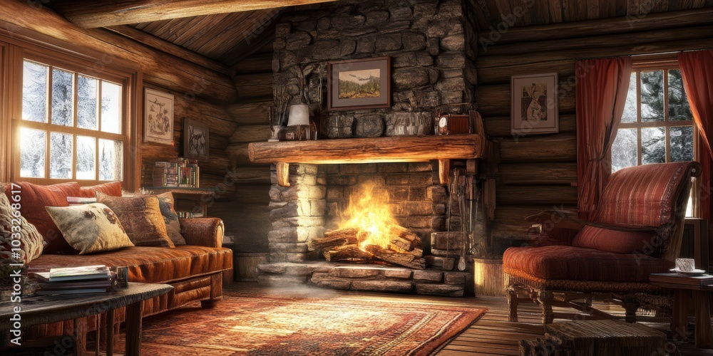 Cozy log cabin with fireplace and snowy view. Cozy log cabin with fireplace and snowy view.