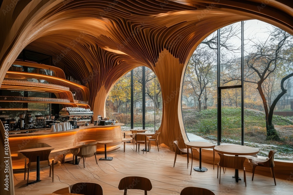 Fototapeta premium A restaurant with a lot of wood and glass windows