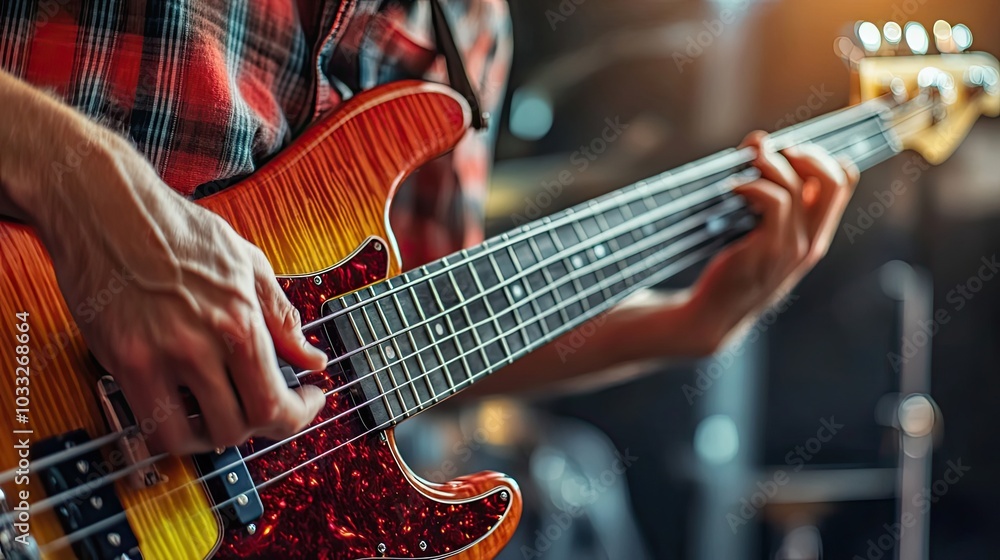 Obraz premium Close-up of a Person's Hand Playing a Bass Guitar