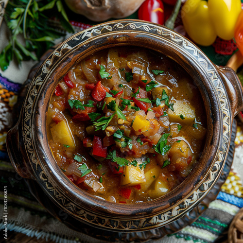 Vegetable gyuvech, a traditional dish for Moldovan, Romanian, Bulgarian cuisine, top view, photo