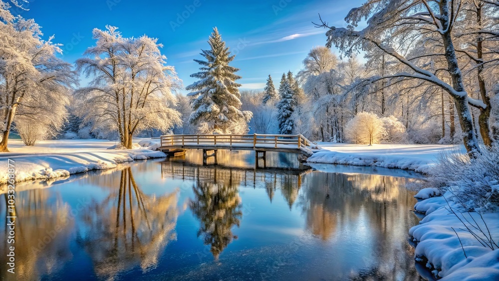 Winter Wonderland A Tranquil Bridge Reflecting in a Frozen Lake, Surrounded by Snowy Trees and a Glimmering Sky Winter Wonderland A Tranquil Bridge Reflecting in a Frozen Lake, Surrounded by Snowy Trees and a Glimmering Sky