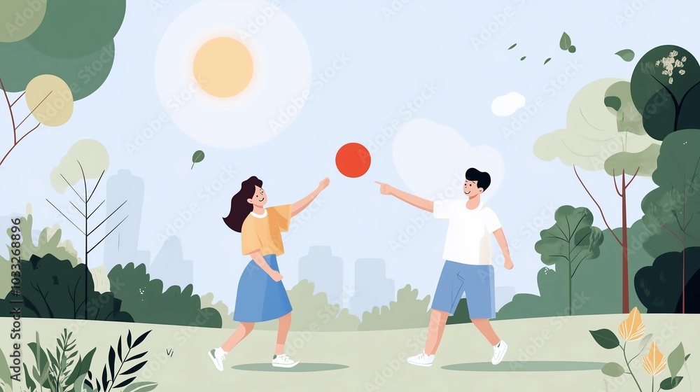 Two children play catch with a red ball in a sunny park surrounded by trees and greenery on a clear day Two children play catch with a red ball in a sunny park surrounded by trees and greenery on a clear day