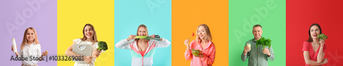 Set of people with healthy food on color background