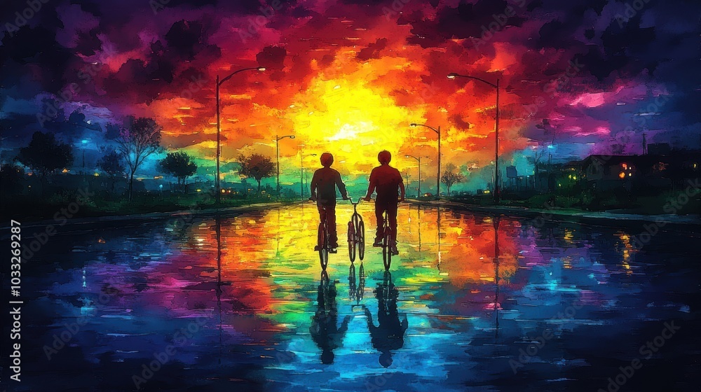 Fototapeta premium Two bikers silhouette reflected in rainbow puddle.