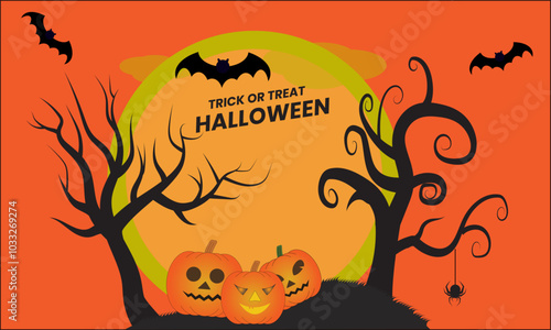 Halloween celebration poster and banner template vector design with cloud, tree, bat, spider, moon, ghost and pumpkin. Suitable for promotional Halloween events with a spooky and creative atmosphere. photo