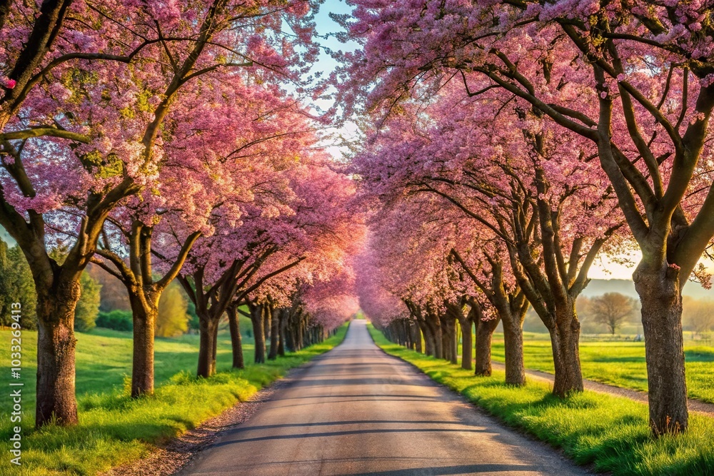 Naklejka premium Peaceful countryside road lined with flowering trees