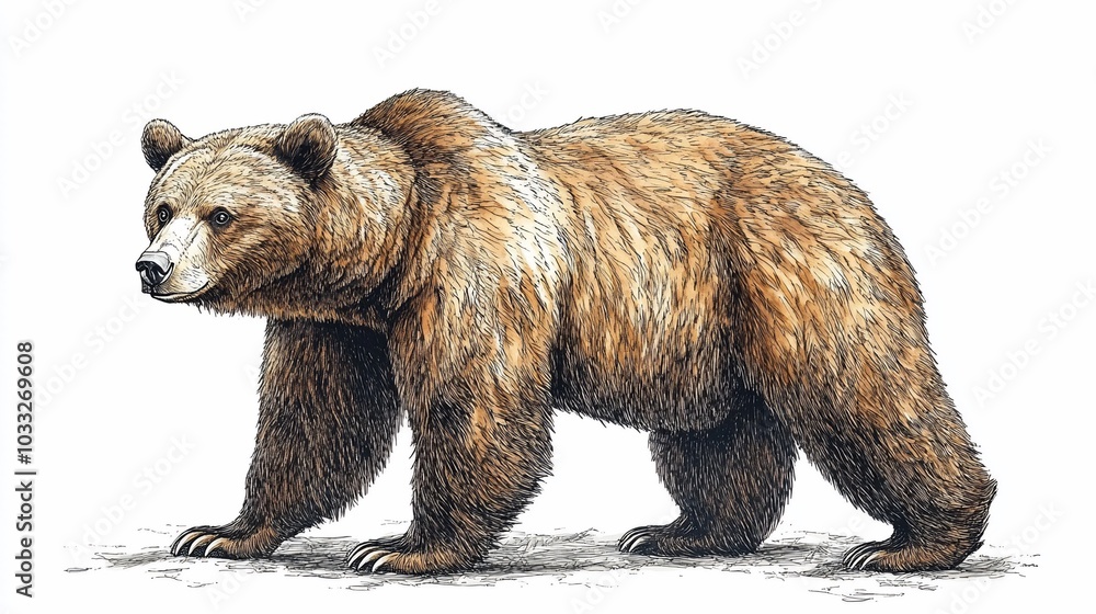 A detailed illustration of a brown bear, showcasing its fur texture and natural stance. A detailed illustration of a brown bear, showcasing its fur texture and natural stance.