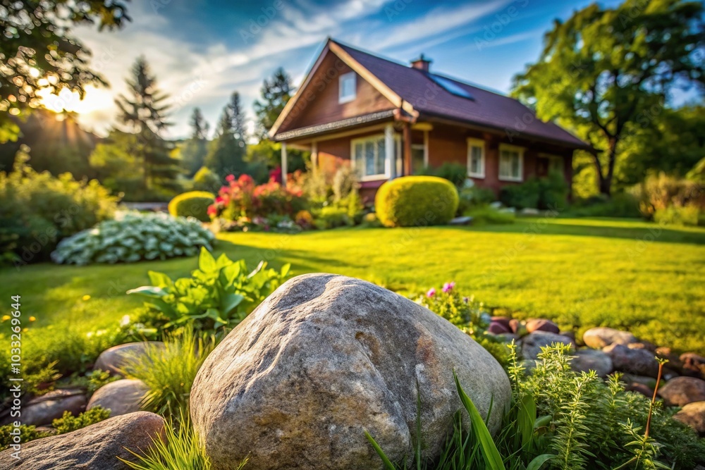 Peaceful garden with small rock and house in background Peaceful garden with small rock and house in background