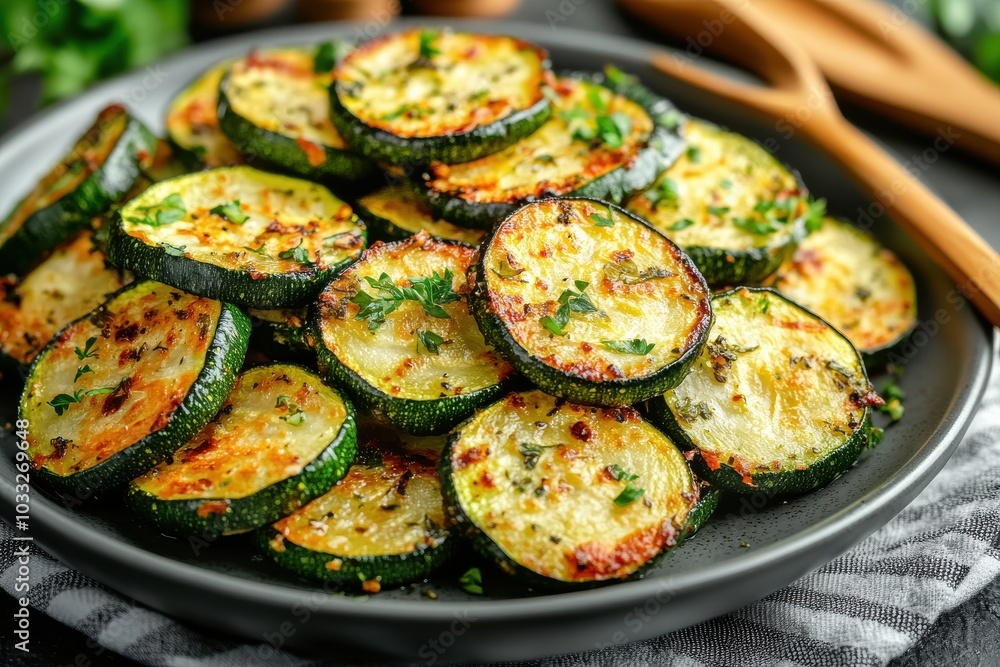 A plate of zucchini is covered in cheese and herbs A plate of zucchini is covered in cheese and herbs