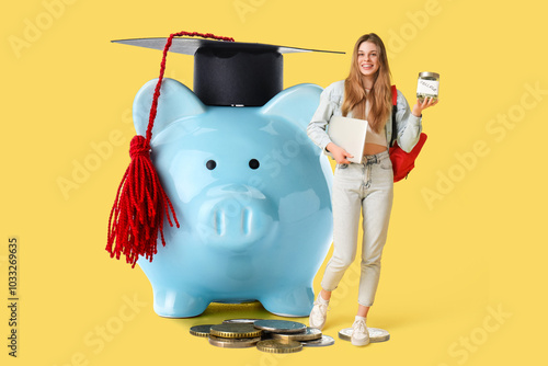 Female student with jar bank and laptop on yellow background. Concept of savi...