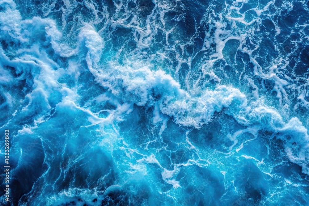 Blue frothy sea water surface shot from above in a close-up view Blue frothy sea water surface shot from above in a close-up view