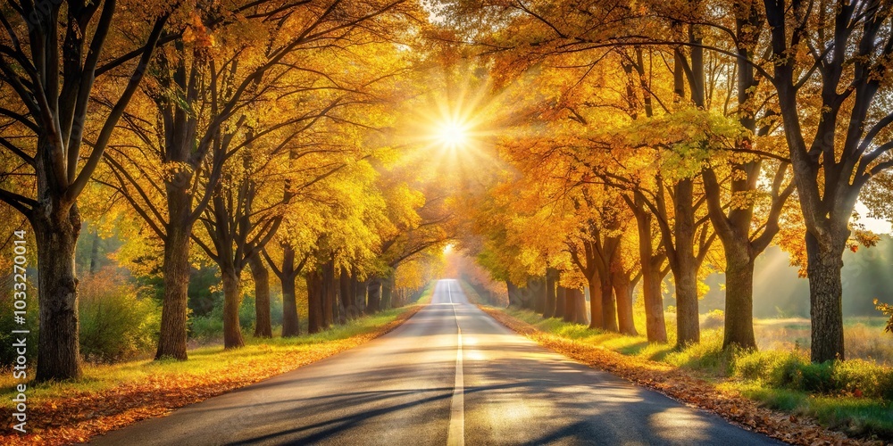 Peaceful road with autumn trees and sunlight shining through, Depth of Field Peaceful road with autumn trees and sunlight shining through, Depth of Field
