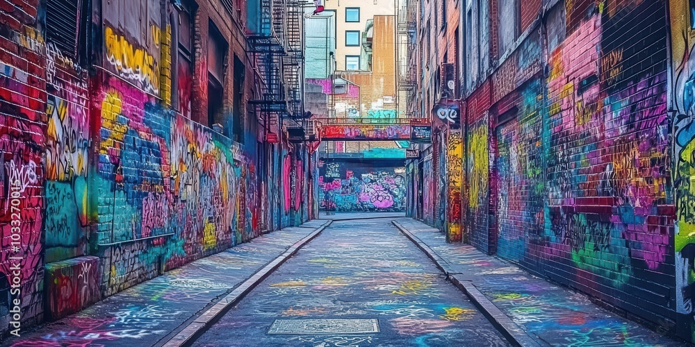 Fototapeta premium Graffiti-covered brick alleyway with a paved path.
