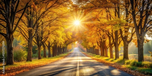 Peaceful road with autumn trees and sunlight shining through, Depth of Field