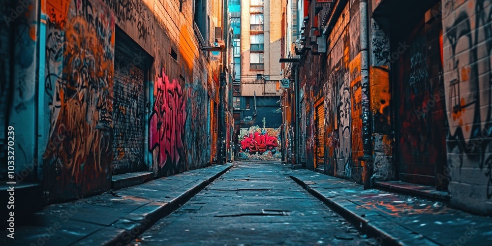 Fototapeta premium Graffiti-covered alleyway with colorful paint.