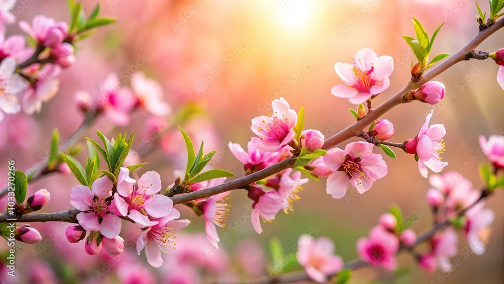 Peach branch with peach flowers and leaves in HD close-up wallpaper Peach branch with peach flowers and leaves in HD close-up wallpaper