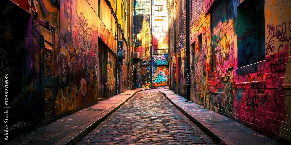 Cobblestone alleyway with colorful graffiti. Cobblestone alleyway with colorful graffiti.