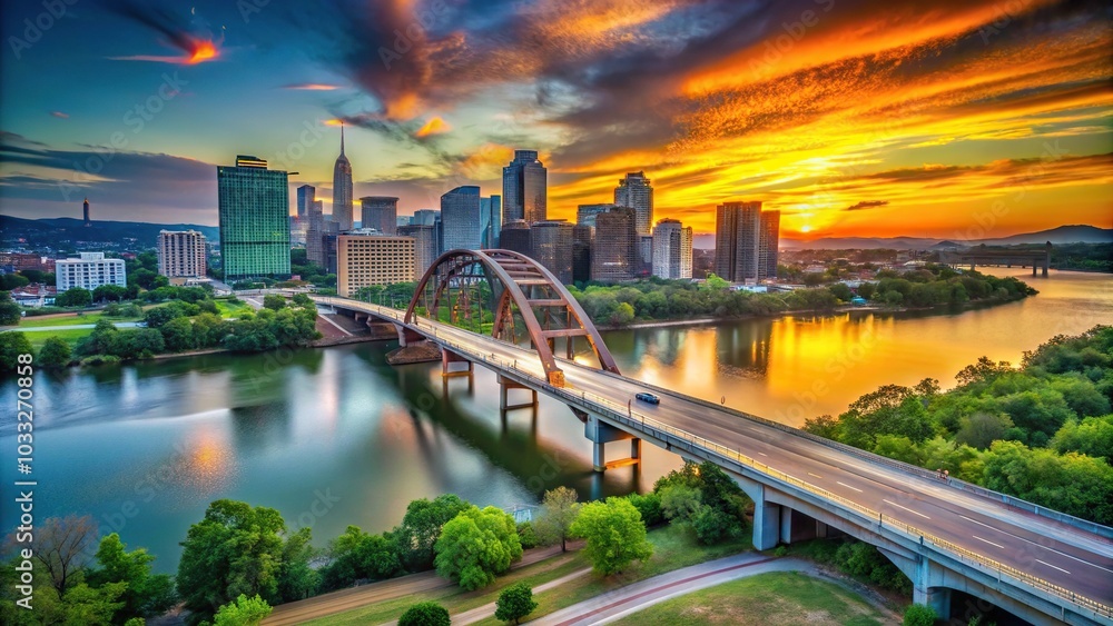 Fototapeta premium Pennybacker Bridge and Austin skyline at sunset with shallow depth of field