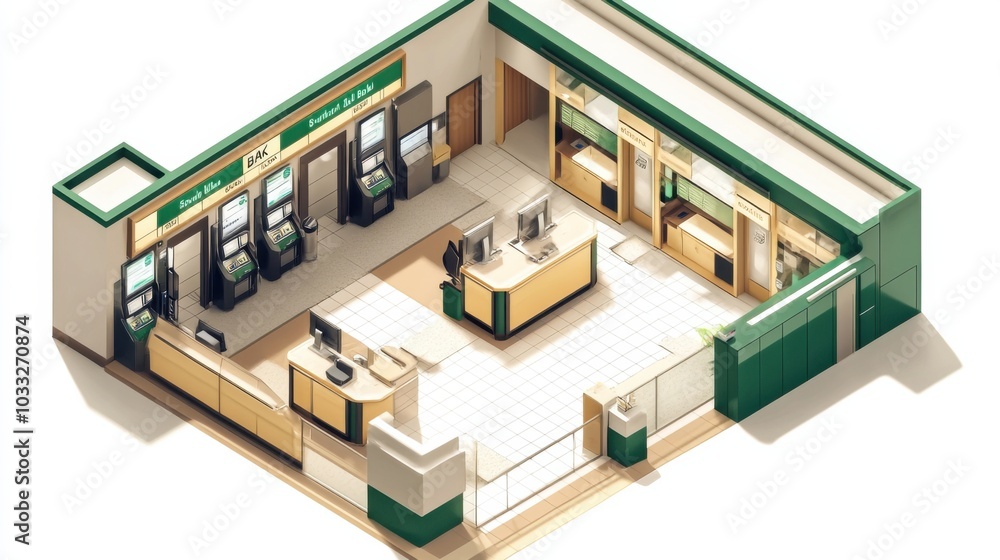 3D isometric floor plan of a bank with teller stations and secure vault areas 3D isometric floor plan of a bank with teller stations and secure vault areas