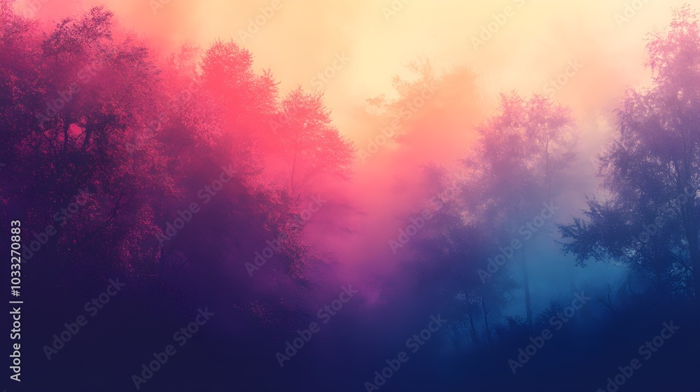 Mystical Forest at Sunset with Purple and Blue Fog Mystical Forest at Sunset with Purple and Blue Fog