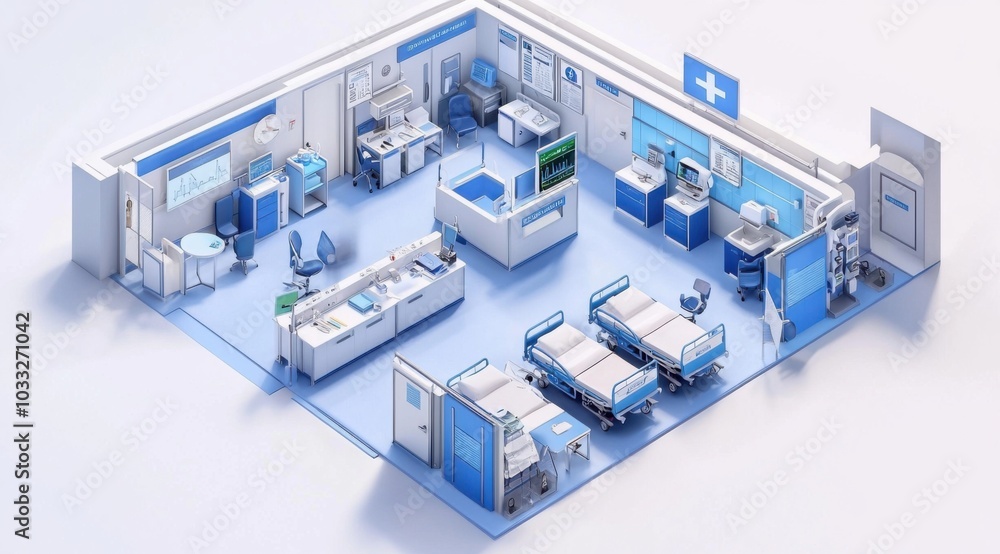 3D isometric floor plan of a hospital with patient rooms and surgical suites 3D isometric floor plan of a hospital with patient rooms and surgical suites