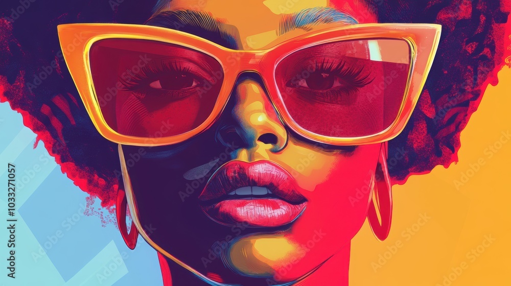 A woman with afro hair wears large sunglasses. A woman with afro hair wears large sunglasses.
