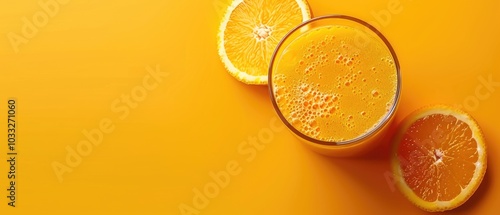 Fresh carrot juice with whole carrots and leaves on a minimal background. Flat lay composition with copy space for healthy eating and beverage design. Top down aerial view of carrot. Vegetable. AIG55.