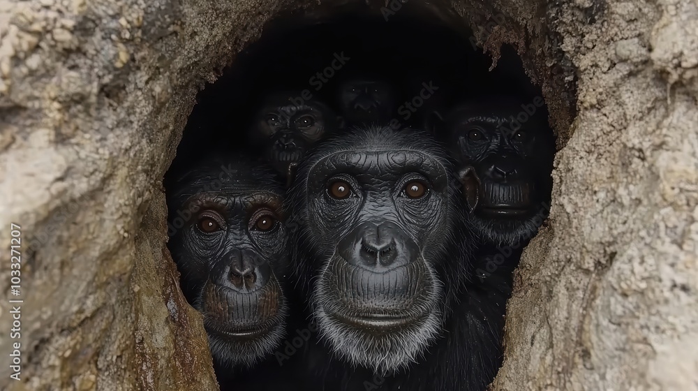 Three chimpanzees peering out of a tree trunk. Three chimpanzees peering out of a tree trunk.
