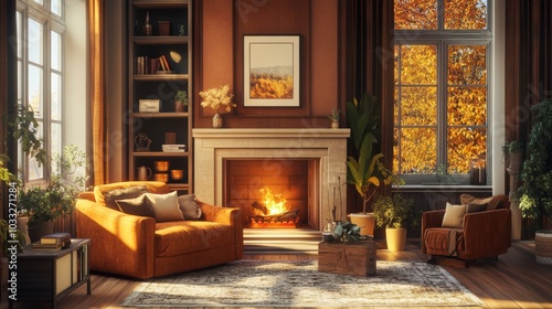 Cozy living room with fireplace, armchair, and autumn view.