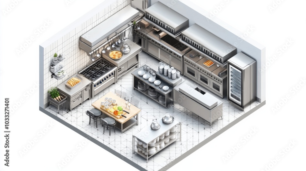 3D isometric floor plan of a restaurant kitchen with efficient cooking stations 3D isometric floor plan of a restaurant kitchen with efficient cooking stations