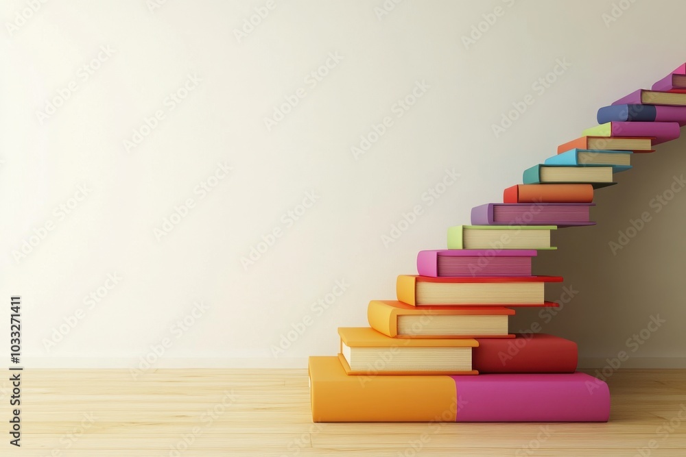 An infographic depicting a staircase made of books, symbolizing business knowledge and growth, with blank space on the right for commercial purposes or logos. An infographic depicting a staircase made of books, symbolizing business knowledge and growth, with blank space on the right for commercial purposes or logos.