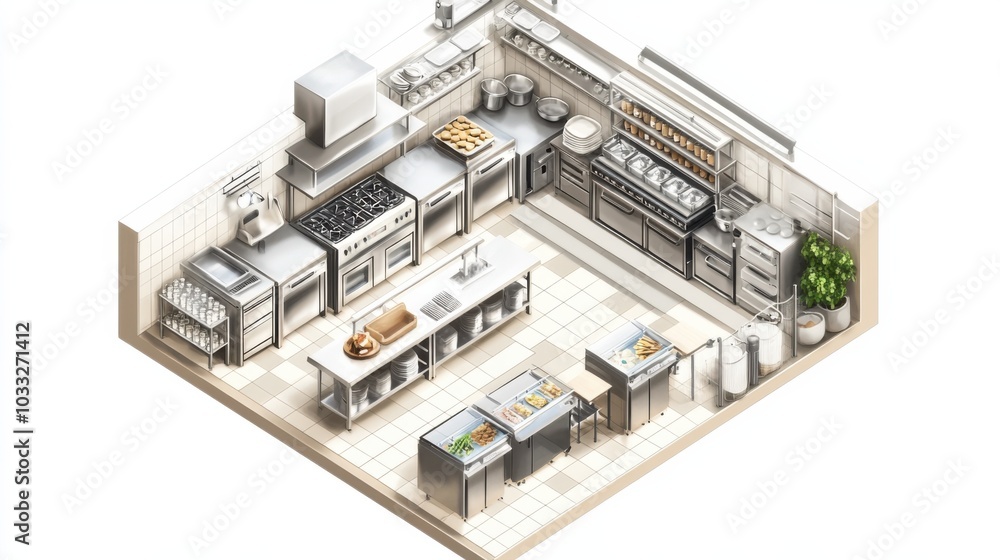 3D isometric floor plan of a restaurant kitchen with efficient cooking stations 3D isometric floor plan of a restaurant kitchen with efficient cooking stations