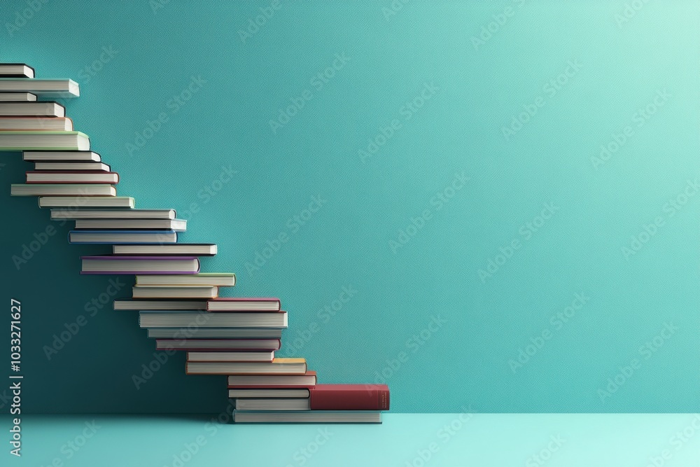 An infographic depicting a staircase made of books, symbolizing business knowledge and growth, with blank space on the right for commercial purposes or logos.