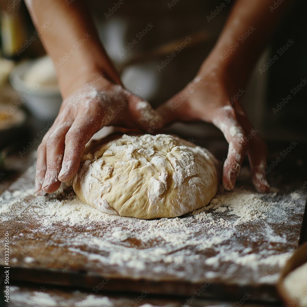 Fototapeta premium A person is kneading dough on a wooden table
