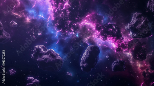 Seamless cosmic pattern featuring vibrant comets, floating asteroids, and glowing nebulae in deep space. Ideal for sci-fi backgrounds, galaxy-themed illustrations, and futuristic digital art projects.