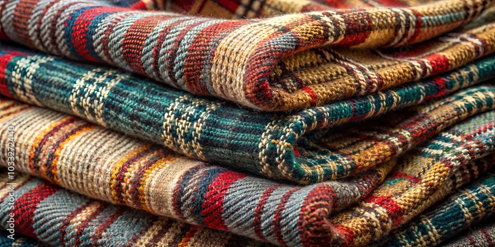 A Stack of Woven Fabric Textures in Rich Hues of Red, Blue, Green, and Beige A Stack of Woven Fabric Textures in Rich Hues of Red, Blue, Green, and Beige