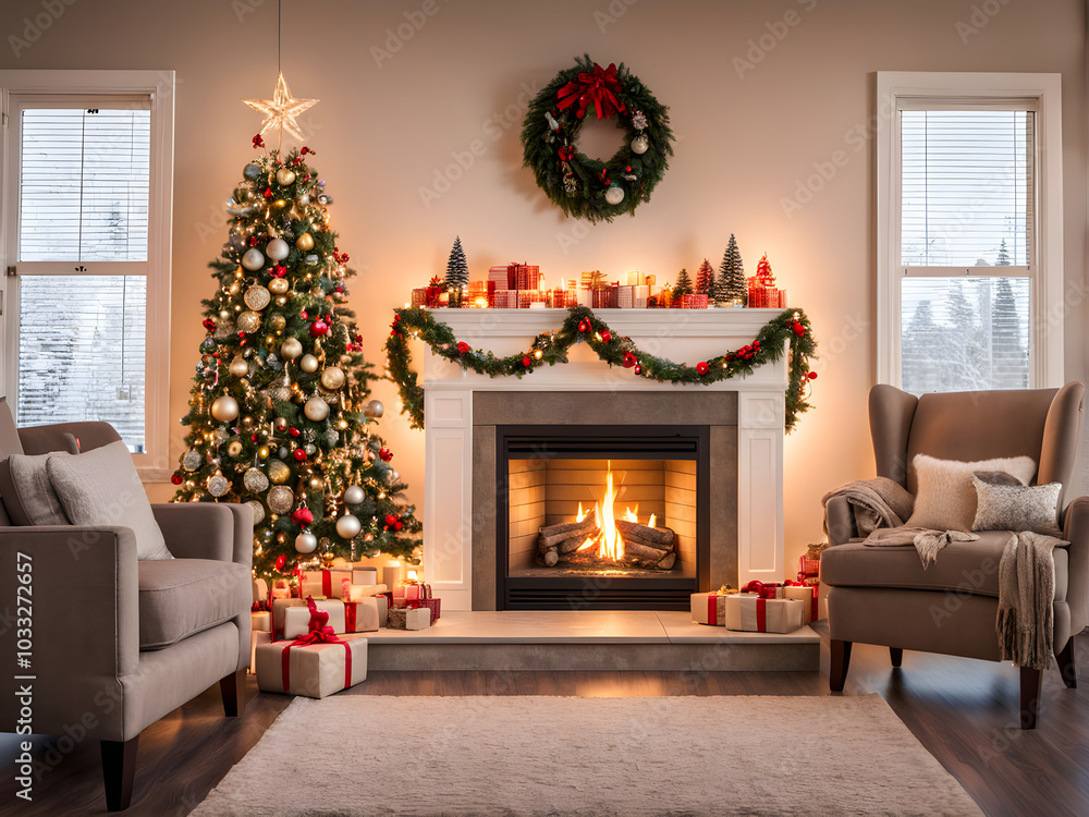 Natural Gas Fireplace with fully decorated Christmas tree in living room of home during holidays Natural Gas Fireplace with fully decorated Christmas tree in living room of home during holidays