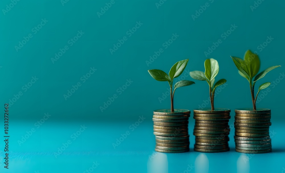 On the table, there is an icon of three green plants growing on top and bottom stacks of coins with a blue background. On the table, there is an icon of three green plants growing on top and bottom stacks of coins with a blue background.