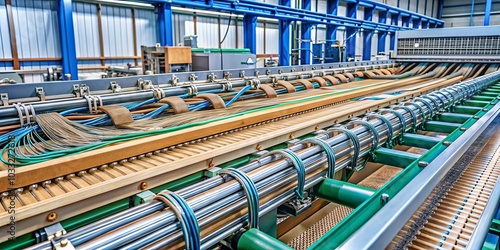 A detailed view of a mechanical process, showcasing intricate metal pipes, wires, and a wooden conveyor belt, revealing the inner workings of a modern industrial system.