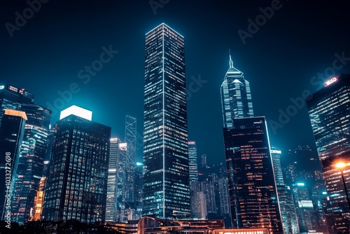 A low angle view of a city skyline at night with skyscrapers illuminated.