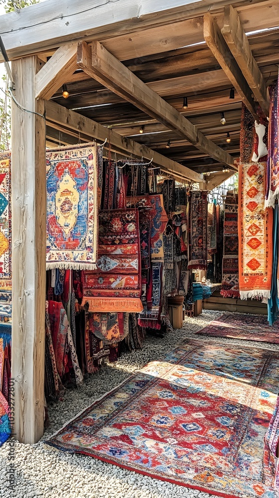 Fototapeta premium Colorful Oriental Rugs Hanging In Market Stall