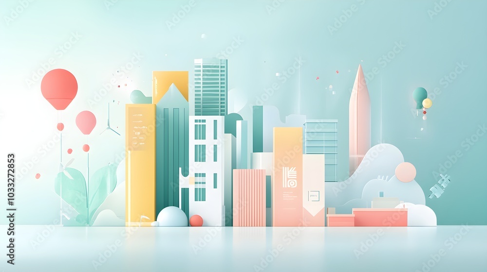 Fototapeta premium Abstract Cityscape Illustration with Balloons and Geometric Shapes