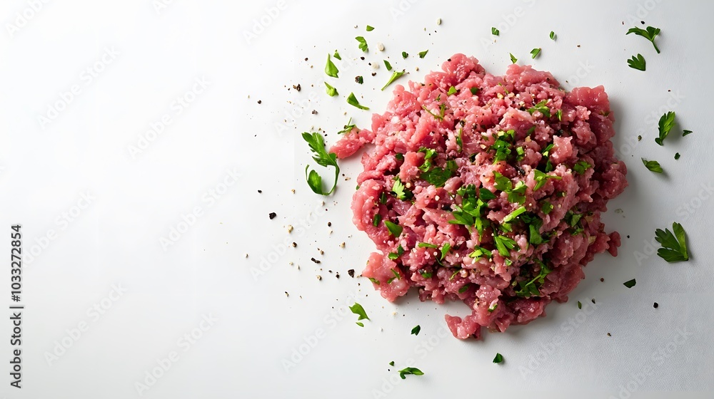 raw minced beef with herb isolated on white background. raw minced beef with herb isolated on white background.