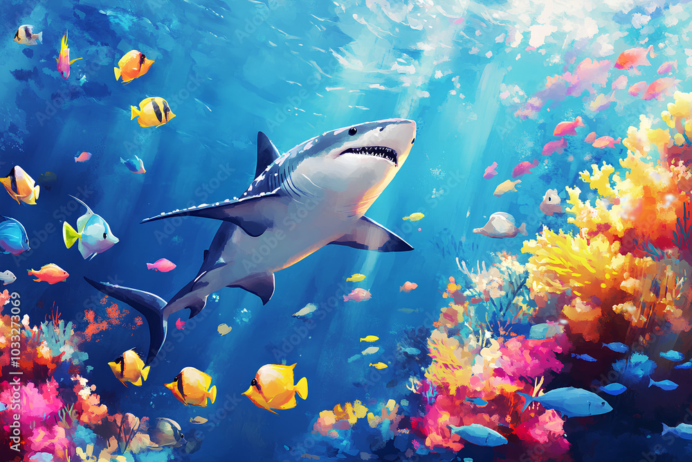 Fototapeta premium shark with group of colorful fish and sea animal with colorful coral under sea water