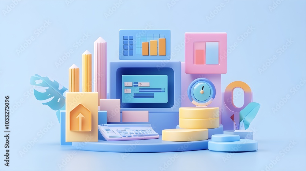 Obraz premium Abstract 3D Geometric Shapes with Blue Background Data Analytics Business Growth Digital Marketing