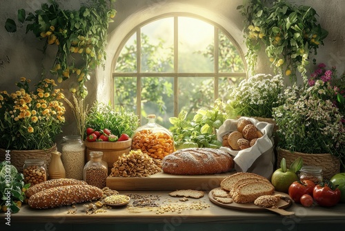 A window sill with a variety of food items including bread, fruit photo