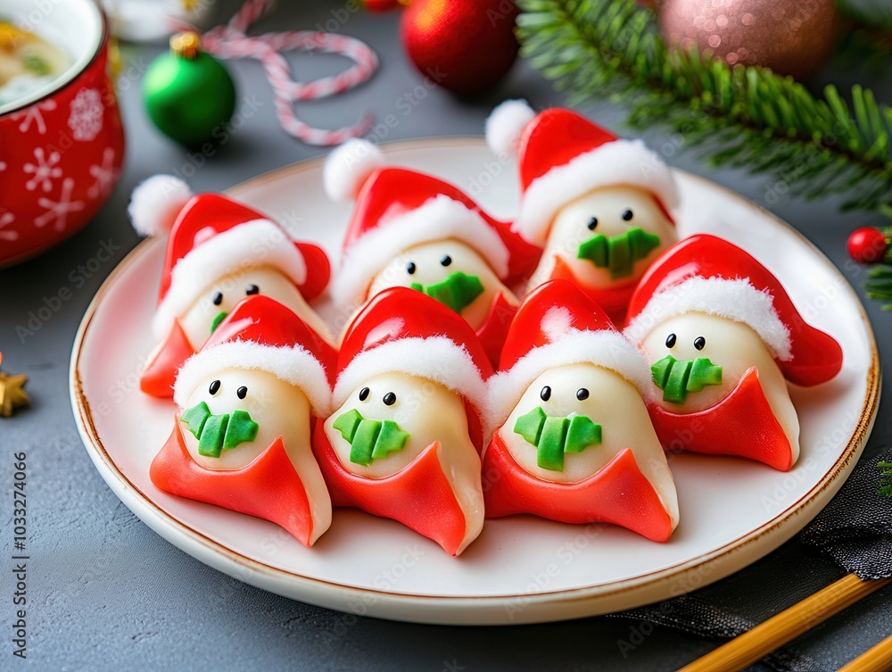 Festive Santa-themed desserts arranged on a plate, perfect for holiday celebrations. Festive Santa-themed desserts arranged on a plate, perfect for holiday celebrations.