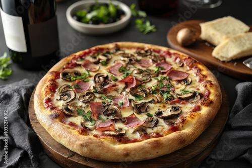 Wallpaper Mural A pizza with mushrooms and ham on it sits on a wooden board Torontodigital.ca